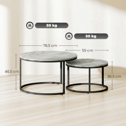 Sohvapöytä 2 kpl setti, pyöreä marmorikuvioitu MDF, metallirunko, pinottava, harmaa