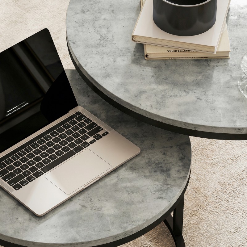 Sohvapöytäsetti 2 kpl olohuoneeseen, pinottavat pyöreät pöydät, metalli ja MDF, harmaa