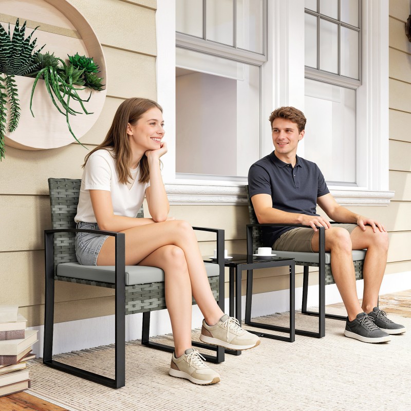 Rottinki bistrosetti ulkokäyttöön, 3-osainen puutarhakalustesetti, 2 tuolia ja pöytä, musta/harmaa