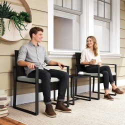 Rottinki bistrosetti ulkokäyttöön, 3 osaa: 2 tuolia ja pöytä, synteettinen rottinki, musta/ruskea, kermanvalkoiset tyynyt