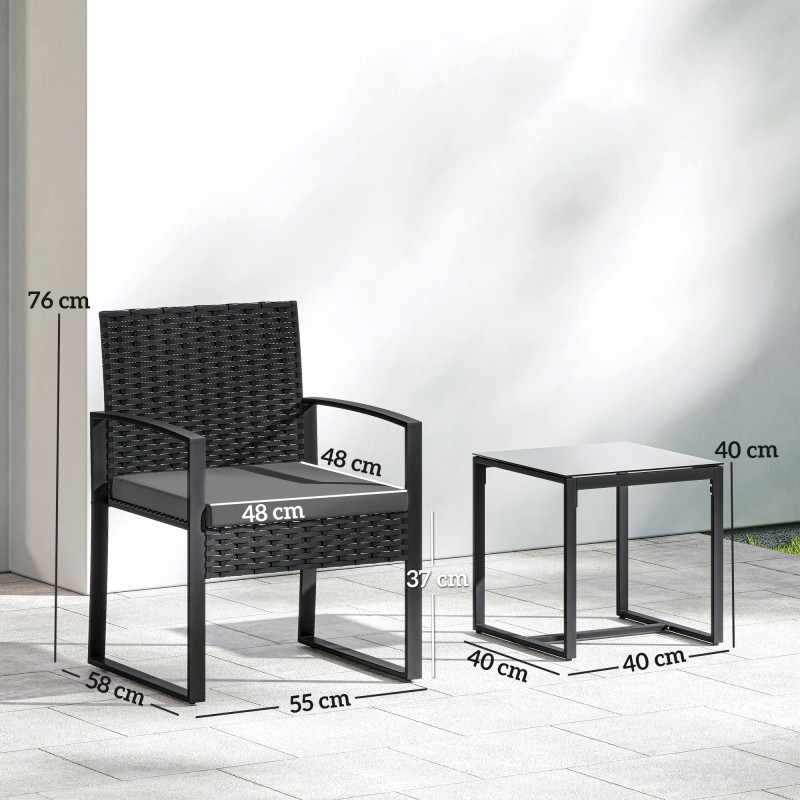Polyrottinkinen bistrosetti parvekkeelle, 3-osainen puutarhakalustesetti, musta / tummanharmaa