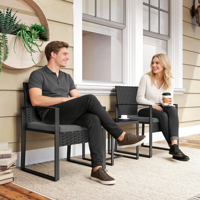 Polyrottinkinen bistrosetti parvekkeelle, 3-osainen puutarhakalustesetti, musta / tummanharmaa