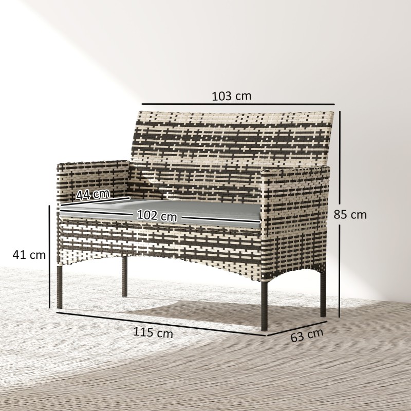 2 hengen rottinkijäljitelmä ulkosohva terassille, PE-punos ja teräsrunko, tummanharmaa–vaaleanharmaa, 115 x 63 x 85 cm