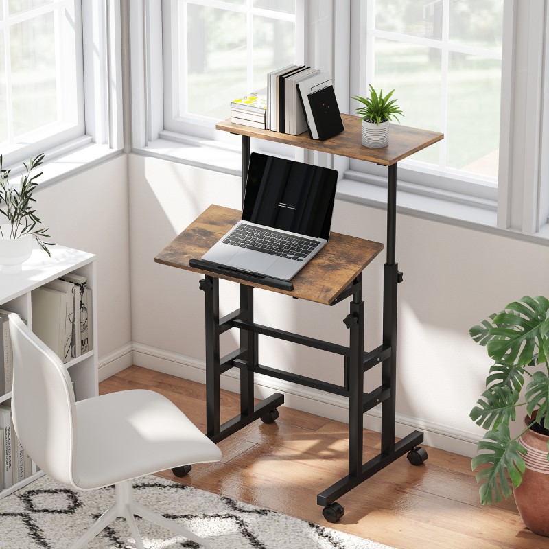 Korkeussäädettävä työpöytä ja tietokonepöytä pyörillä, kaksitasoinen, 60 x 60 x 70,5–120 cm, rustiikki ruskea/musta