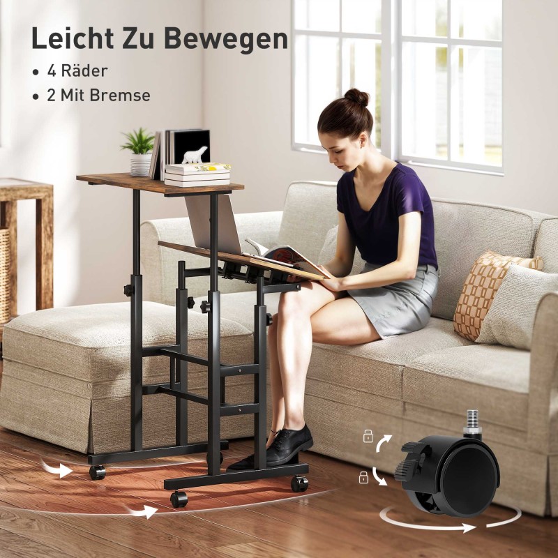 Korkeussäädettävä työpöytä ja tietokonepöytä pyörillä, kaksitasoinen, 60 x 60 x 70,5–120 cm, rustiikki ruskea/musta