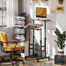 Korkeussäädettävä työpöytä ja tietokonepöytä pyörillä, kaksitasoinen, 60 x 60 x 70,5–120 cm, rustiikki ruskea/musta