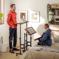 Korkeussäädettävä työpöytä ja tietokonepöytä pyörillä, kaksitasoinen, 60 x 60 x 70,5–120 cm, rustiikki ruskea/musta