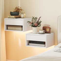 Seinään kiinnitettävä yöpöytä 2 kpl RGB-LED-valaistuksella, laatikko ja avoin hylly, valkoinen