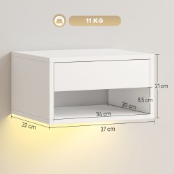 Seinään kiinnitettävä yöpöytä 2 kpl RGB-LED-valaistuksella, laatikko ja avoin hylly, valkoinen