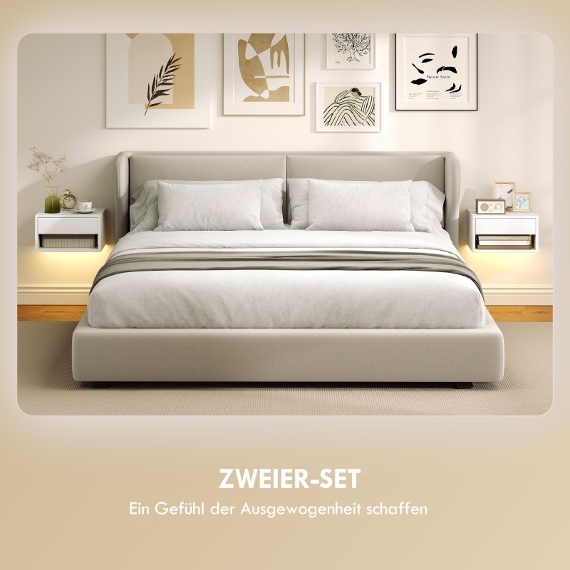 Seinään kiinnitettävä yöpöytä 2 kpl RGB-LED-valaistuksella, laatikko ja avoin hylly, valkoinen