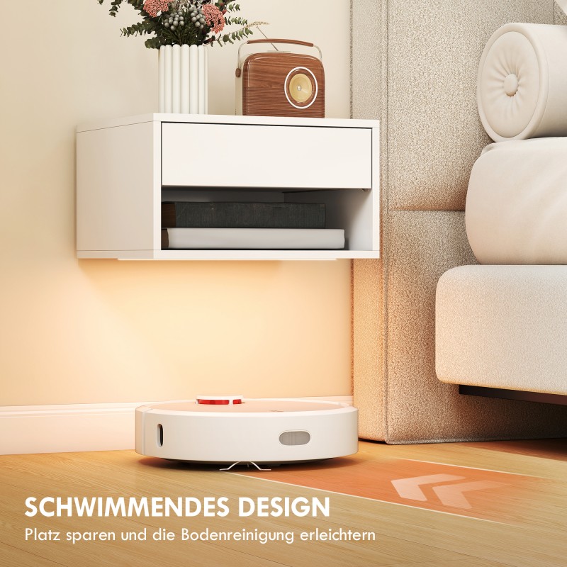 Seinään kiinnitettävä yöpöytä 2 kpl RGB-LED-valaistuksella, laatikko ja avoin hylly, valkoinen