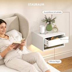 Seinään kiinnitettävä yöpöytä 2 kpl RGB-LED-valaistuksella, laatikko ja avoin hylly, valkoinen