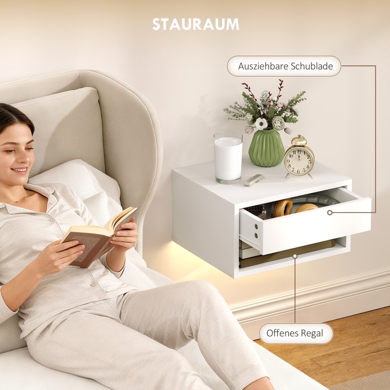 Seinään kiinnitettävä yöpöytä 2 kpl RGB-LED-valaistuksella, laatikko ja avoin hylly, valkoinen