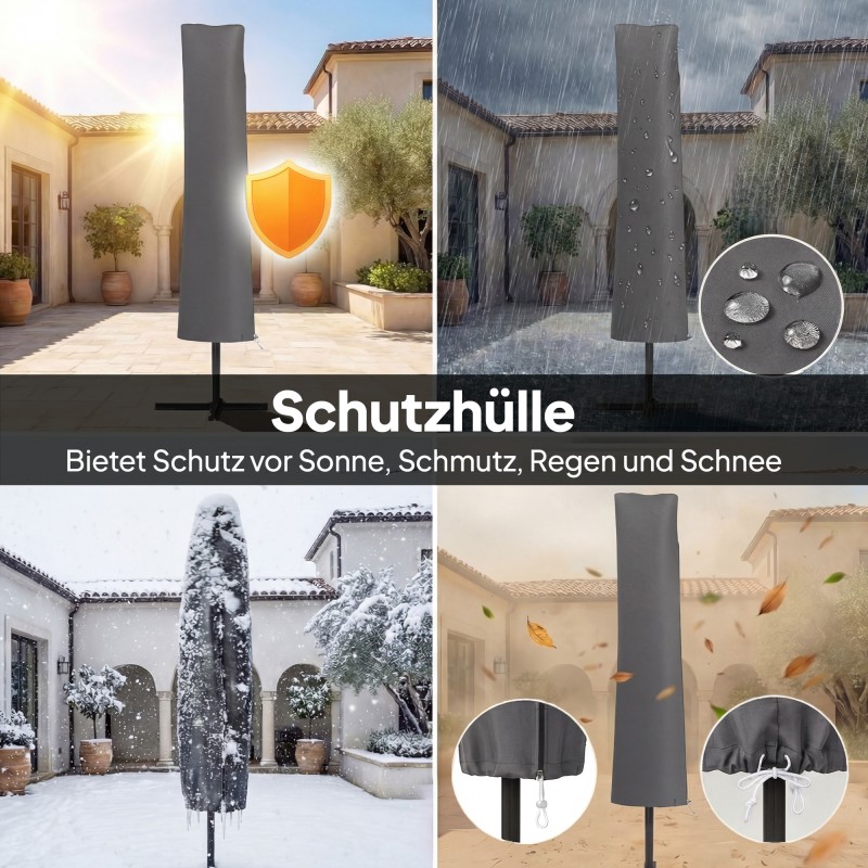 Riippuva pihavarjo Ø295 cm kamppimekanismilla, ristikkojalalla ja suojapeitteellä, tummanharmaa