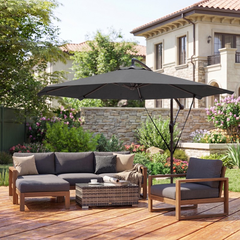 Riippuva pihavarjo Ø295 cm kamppimekanismilla, ristikkojalalla ja suojapeitteellä, tummanharmaa