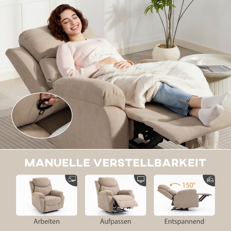 Manuaalinen lepotuoli / recliner olohuoneeseen, paksu pehmuste, pellavakankaan näköinen polyesteri, beige