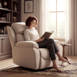 Manuaalinen lepotuoli / recliner olohuoneeseen, paksu pehmuste, pellavakankaan näköinen polyesteri, beige