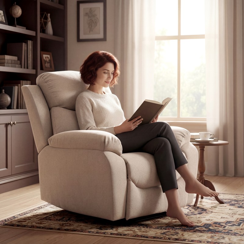 Manuaalinen lepotuoli / recliner olohuoneeseen, paksu pehmuste, pellavakankaan näköinen polyesteri, beige