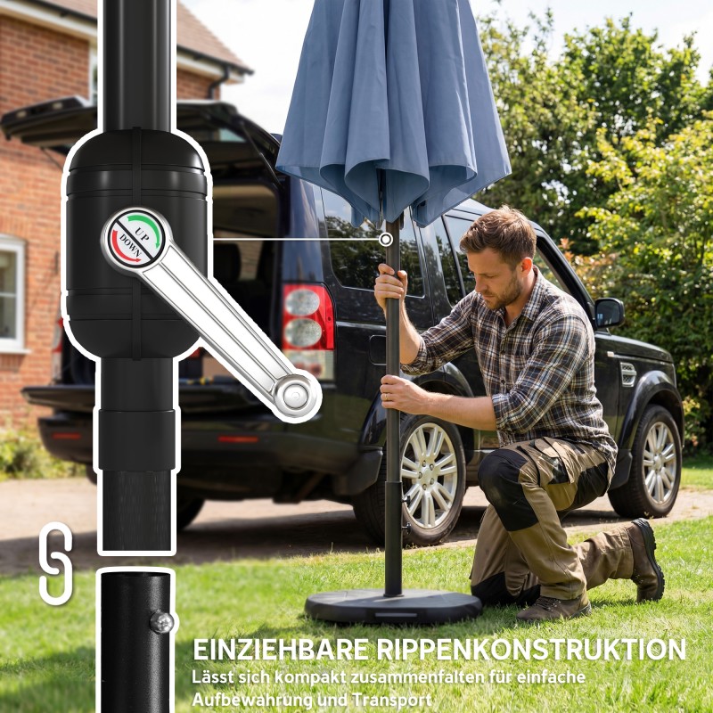 Aurinkovarjo ulkokäyttöön Ø295 cm metallijalalla ja hiekkapussilla, sininen