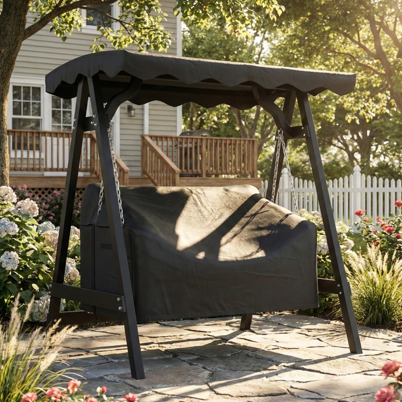 Puutarhakeinun suojus 2-hengen, 420D Oxford-kangas, vedenpitävä ja UV-suojattu, 142 x 76 x 81 cm, musta