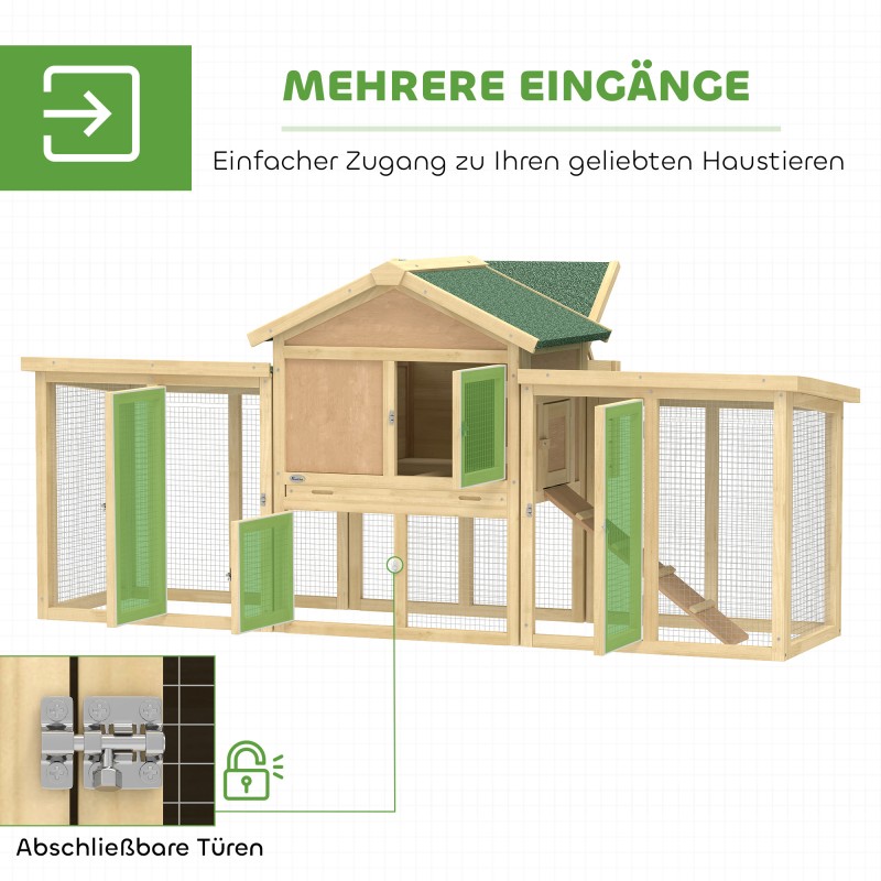 Kanala kanoille puinen ulkokäyttöön, vesitiivis katto, nukkumaorsi ja ulkotarha, 204 x 85 x 93 cm, luonnonpuu