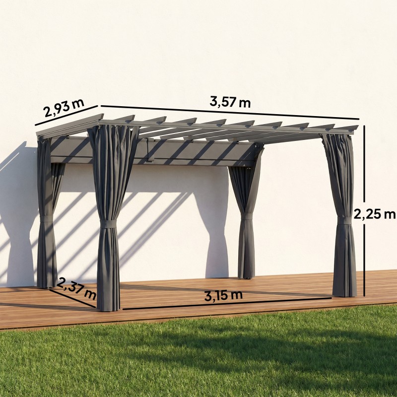 Pergola terassille ja puutarhaan alumiinia 3,6 x 3 m tummanharmaa, säädettävä katos ja sivuverhot