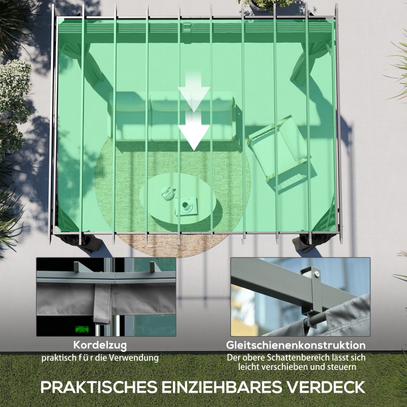 Pergola terassille ja puutarhaan alumiinia 3,6 x 3 m tummanharmaa, säädettävä katos ja sivuverhot