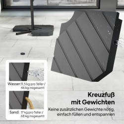 Sivuvarjolla varustettu puutarhavarjo Ø300 cm, metalli/polyesteri, tummanharmaa, jalka ja painot mukana