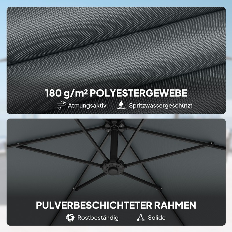 Sivuvarjolla varustettu puutarhavarjo Ø300 cm, metalli/polyesteri, tummanharmaa, jalka ja painot mukana