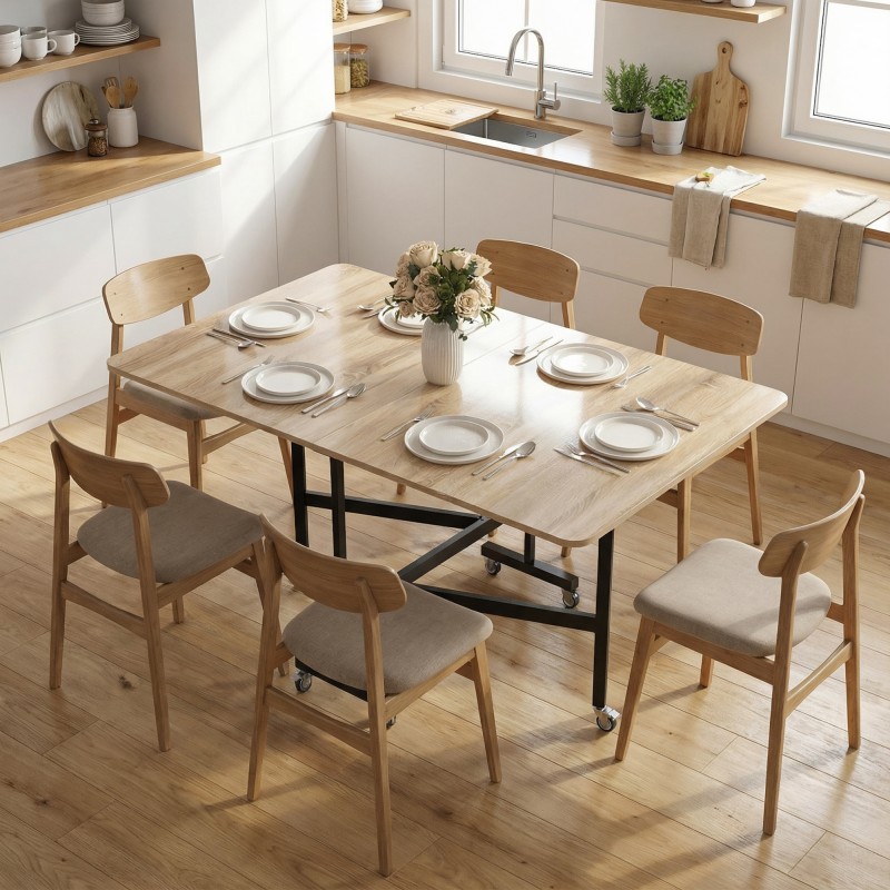 Taitettava ruokapöytä pyörillä ja jarruilla, teräsrunko ja tammisävyinen kansi 120 x 80 cm