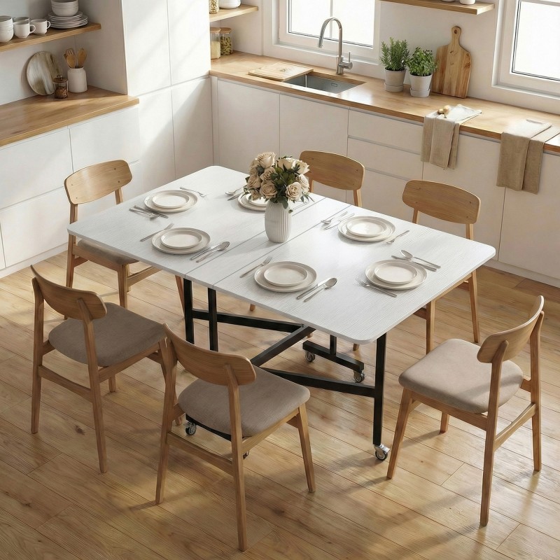 Taitettava ruokapöytä pyörillä pieniin tiloihin, teräsrunko 120 x 80 cm, valkoinen