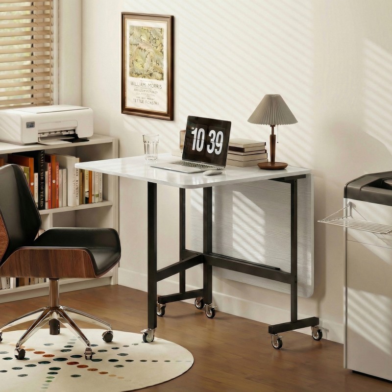 Taitettava ruokapöytä pyörillä pieniin tiloihin, teräsrunko 120 x 80 cm, valkoinen