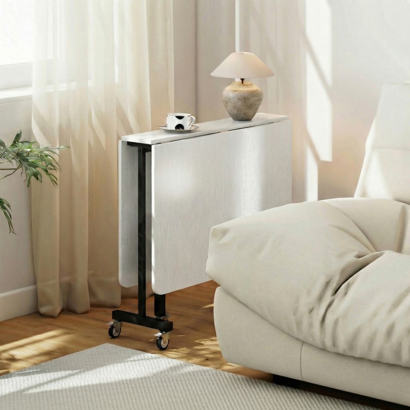 Taitettava ruokapöytä pyörillä pieniin tiloihin, teräsrunko 120 x 80 cm, valkoinen