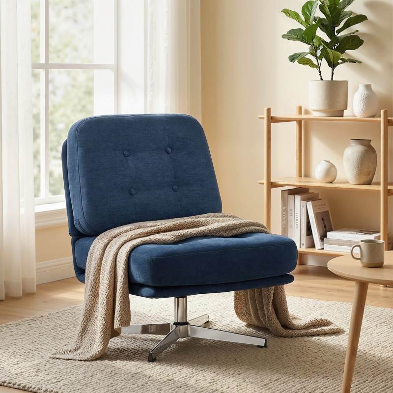 Kääntyvä lepotuoli lukutuoli chenilleverhoilu leveä istuin metallijalat tummansininen