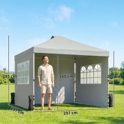Paviljonki ulkokäyttöön 3x3 m pop up, vedenpitävä, korkeussäädettävä, 3 sivuseinää, UV50+, vaaleanharmaa