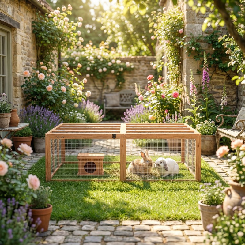 Kanin häkki ulkokäyttöön 2–4 kääpiökanille puuta 180,4 x 150 x 48 cm oranssi