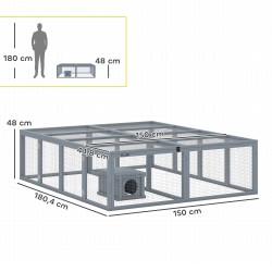 Kaninien ulkokehikko suojakopilla, puu ja verkko, 2–4 kääpiökanille, 180,4 x 150 x 48 cm, harmaa
