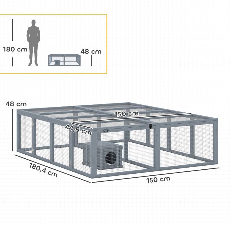 Kaninien ulkokehikko suojakopilla, puu ja verkko, 2–4 kääpiökanille, 180,4 x 150 x 48 cm, harmaa