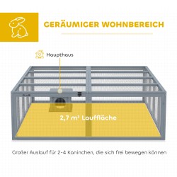 Kaninien ulkokehikko suojakopilla, puu ja verkko, 2–4 kääpiökanille, 180,4 x 150 x 48 cm, harmaa