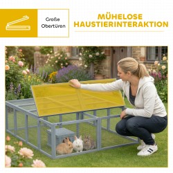 Kaninien ulkokehikko suojakopilla, puu ja verkko, 2–4 kääpiökanille, 180,4 x 150 x 48 cm, harmaa