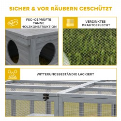 Kaninien ulkokehikko suojakopilla, puu ja verkko, 2–4 kääpiökanille, 180,4 x 150 x 48 cm, harmaa