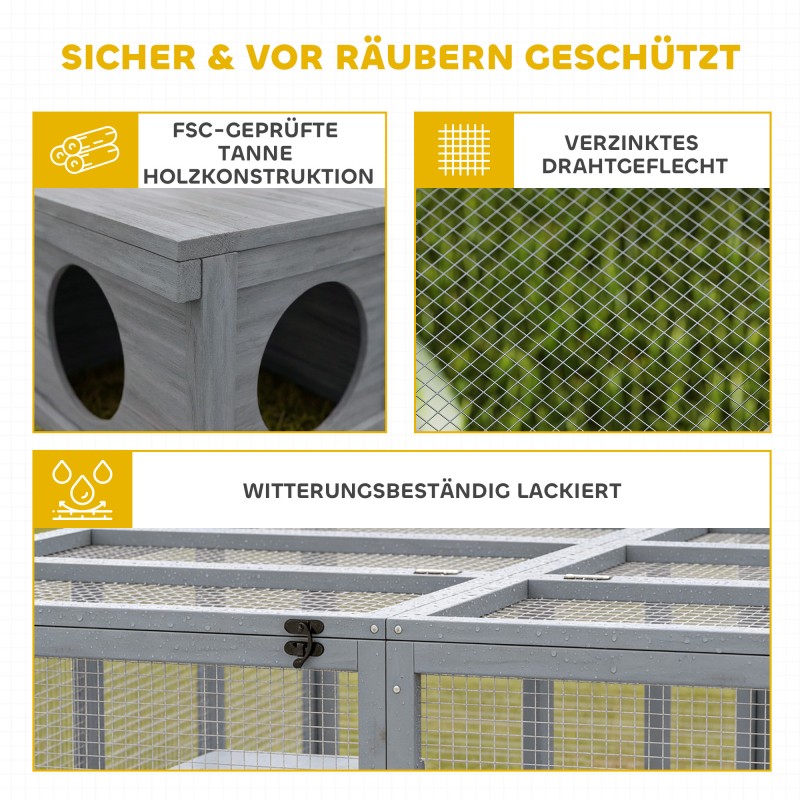 Kaninien ulkokehikko suojakopilla, puu ja verkko, 2–4 kääpiökanille, 180,4 x 150 x 48 cm, harmaa