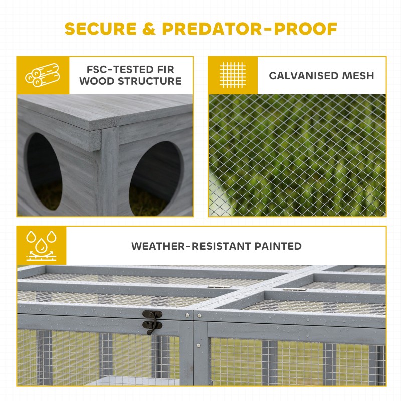 Kaninien ulkokehikko suojakopilla, puu ja verkko, 2–4 kääpiökanille, 180,4 x 150 x 48 cm, harmaa