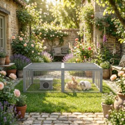 Kaninien ulkokehikko suojakopilla, puu ja verkko, 2–4 kääpiökanille, 180,4 x 150 x 48 cm, harmaa