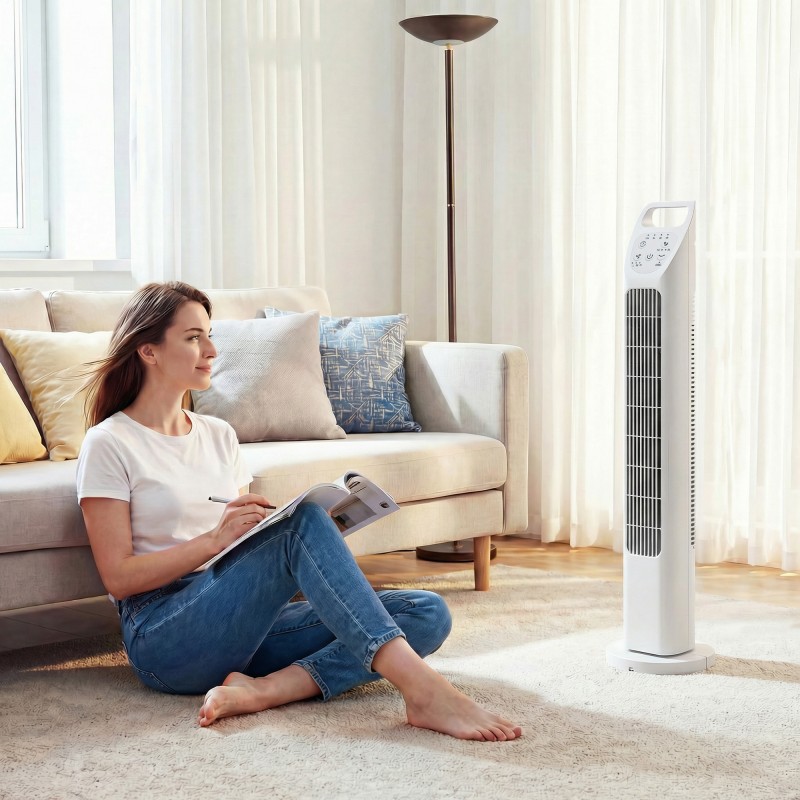 Tornituuletin kaukosäätimellä, 7,5 h ajastin, hiljainen makuuhuoneeseen, valkoinen