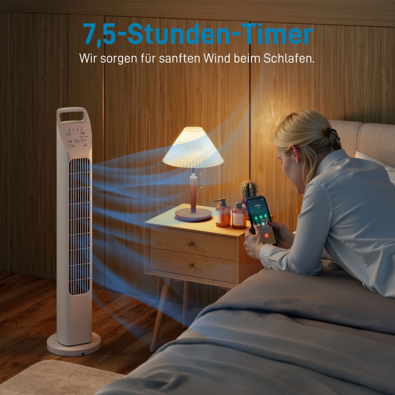 Tornituuletin kaukosäätimellä, 7,5 h ajastin, hiljainen makuuhuoneeseen, valkoinen