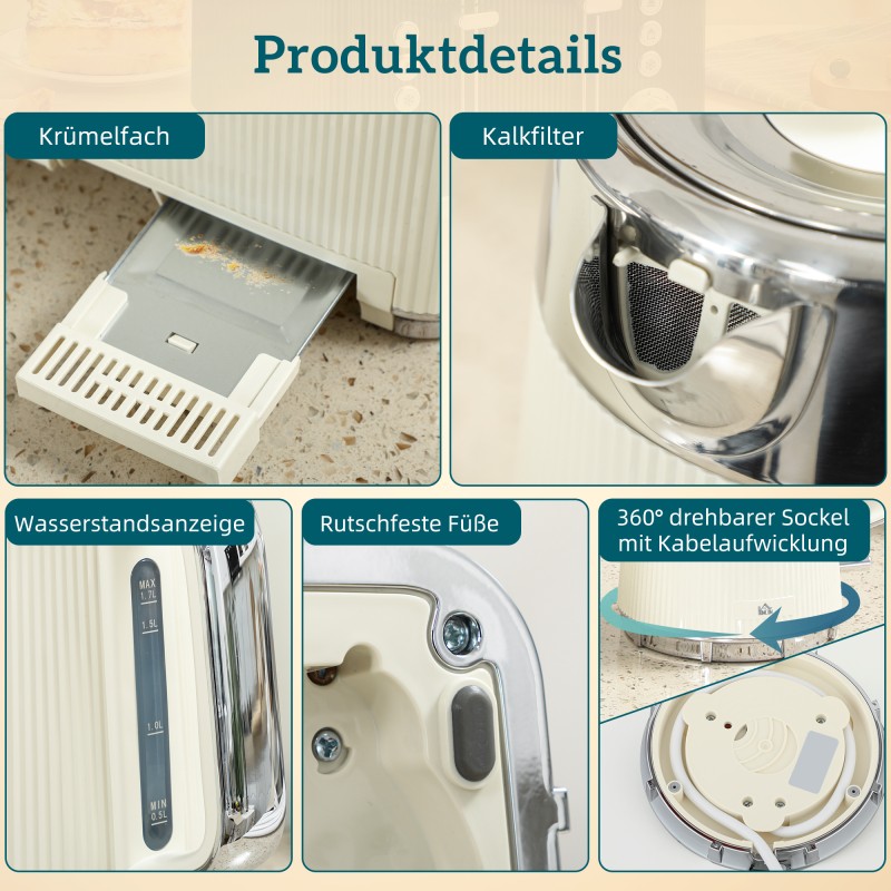 Vedenkeitin ja leivänpaahdin setti 2200W 1,7L 4 viipaletta 7 paahtoastetta kerma/hopea