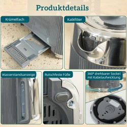 Vedenkeitin ja leivänpaahdin setti 1,7 L 2200 W, 4 viipaletta, 7 paahtoastetta, harmaa