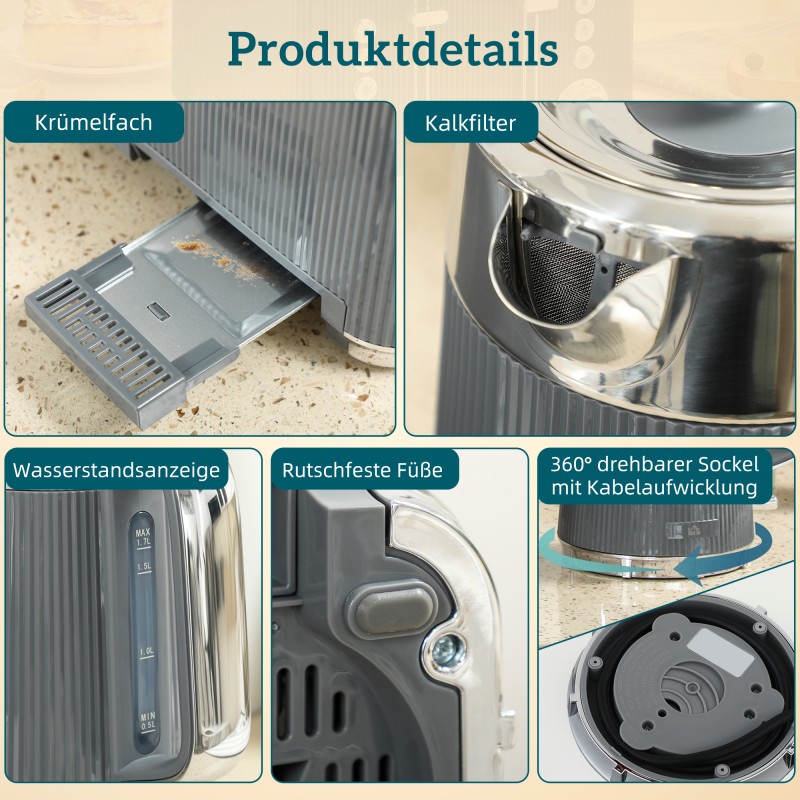 Vedenkeitin ja leivänpaahdin setti 1,7 L 2200 W, 4 viipaletta, 7 paahtoastetta, harmaa