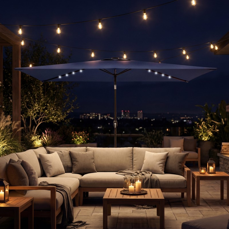 Aurinkovarjo LED-solarvaloilla 300 x 200 cm, kallistettava, suojapussilla, tummansininen